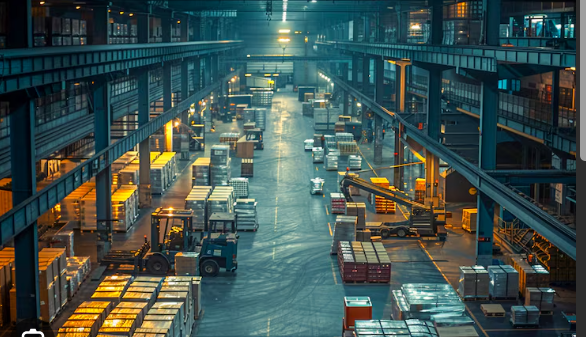Modern warehousing facility with inventory shelves