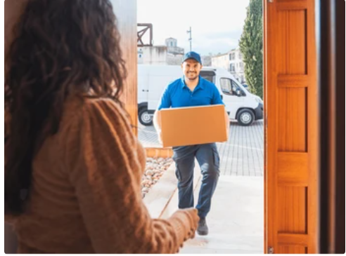Courier delivering a package at a customer's doorstep